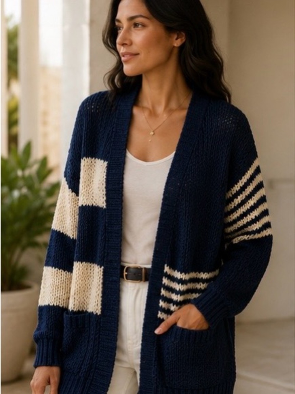 Tommy Bahama Indigo Palms Boardwalk Stripe Cotton Cardigan XS Blue White Coastal